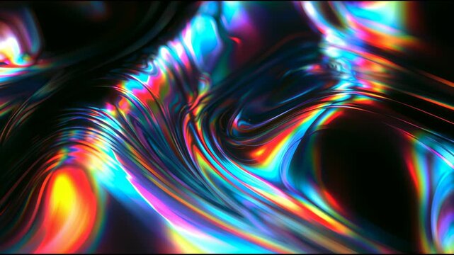 A surface that looks like liquid metal shifts colors slowly in a dark room. The colors change softly, creating an engaging visual.