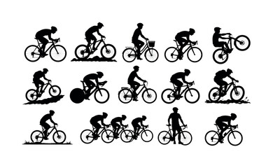 Naklejka premium Diverse silhouettes of cyclists in various poses and on different types of bicycles