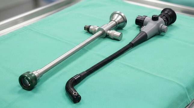 Medical Endoscopes And Surgical Instruments On Green Drape