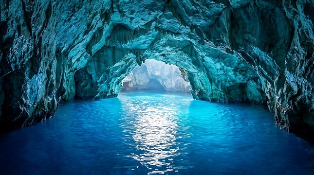 Luminous blue sea cave with glowing turquoise water, mystical limestone cavern interior, ethereal underground grotto landscape