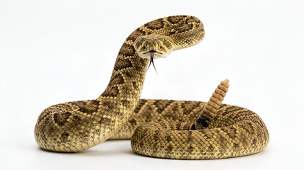 Obraz premium Venomous brown yellow patterned rattlesnake coiled alert posture, head facing camera black tongue flicking, rattle tail raised, sharp aggressive eyes, isolated clean white background