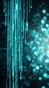 Glowing binary code streams cascade in teal, representing data flow and digital transformation, symbolizing technology and information.
