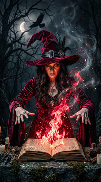 Woman in a red witch costume conjures fire from an old book, symbolizing magic, mystery, and the occult, with a moonlit forest background.