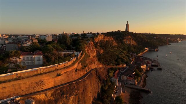 Aerial Drone Flight Past Boca do Vento Cliffs with Christ the King Almada