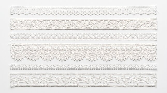 Assorted white lace ribbons arranged on a plain white background