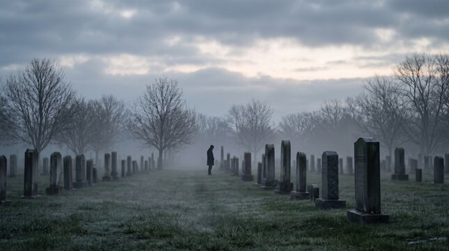 Distant solitary mourner standing among gravestones in misty cemetery at dawn, atmospheric landscape symbolizing grief, loneliness, remembrance, mortality and emotional loss