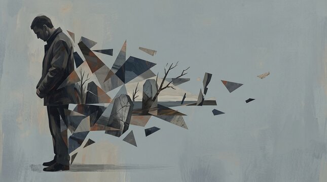 Grieving man dissolving into geometric fragments beside cemetery gravestones, conceptual artwork symbolizing bereavement, emotional loss, fading memories, mortality, loneliness and mourning