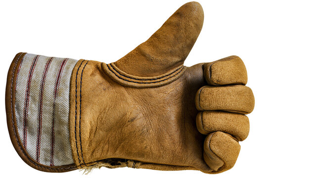 Isolated old leather work glove on a human hand showing a positive thumbs up gesture.
