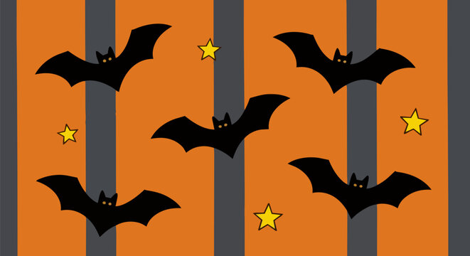 Halloween bat vector background, spooky flying bats on orange and black stripes, festive holiday pattern with yellow stars
