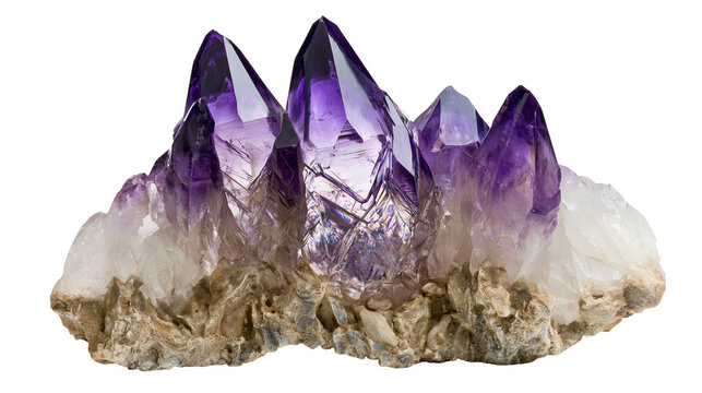Isolated beautiful amethyst crystal cluster showing natural purple sparkling quartz mineral