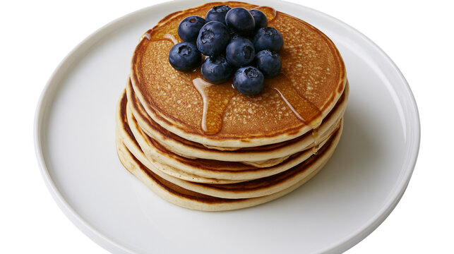 Isolated stack of golden pancakes with fresh blueberries and sweet maple syrup on a white plate
