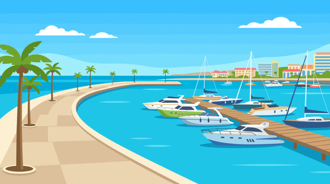 Tropical marina with yachts and palm trees along a scenic waterfront promenade
