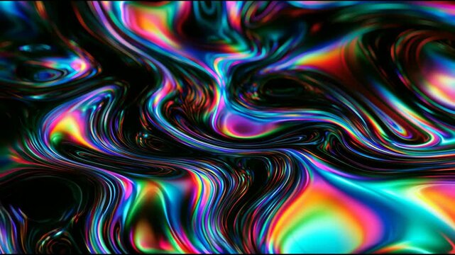 Colorful liquid metal moves and changes in a dark area with smooth, flowing patterns. The colors blend and reflect light as they shift.