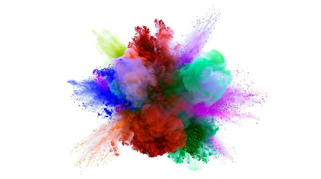 Isolated bright colorful powder explosion creating dynamic abstract forms, artistic burst