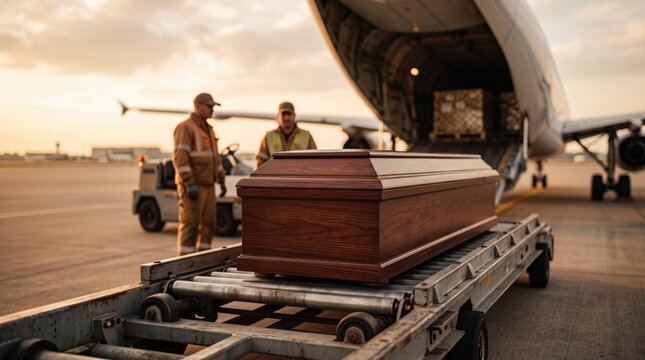 Wooden casket being transferred from a cargo aircraft on an airport tarmac at sunset