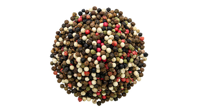 Isolated mixture of dried colored peppercorns heap on a simple clean backdrop