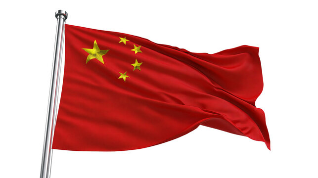 Isolated waving flag of the People's Republic of China on a silver pole, national symbol