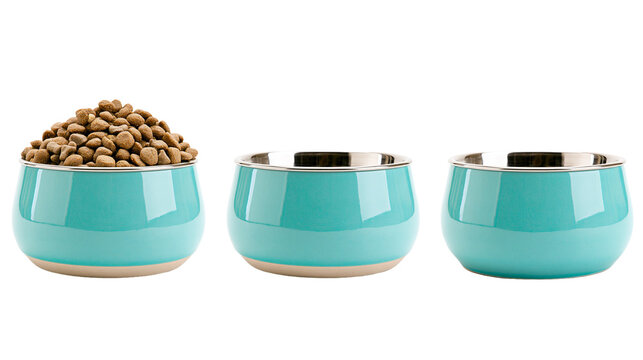 Isolated three pet bowls, one filled with dry kibble, in modern turquoise and stainless steel