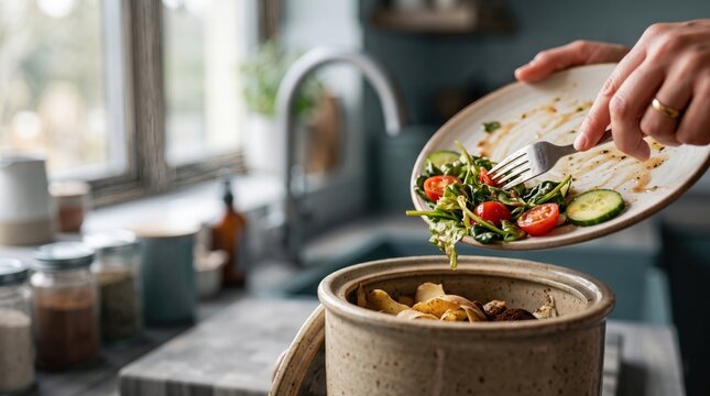 Hands scraping leftover salad from a plate into a ceramic kitchen compost container