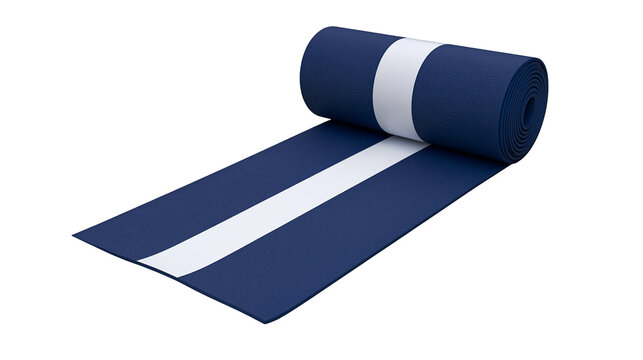 Isolated dark blue exercise mat with a white stripe, partially rolled and unrolled on display.