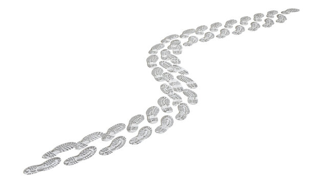 Isolated curved path of numerous detailed shoe footprints, a symbolic trail of steps moving forward