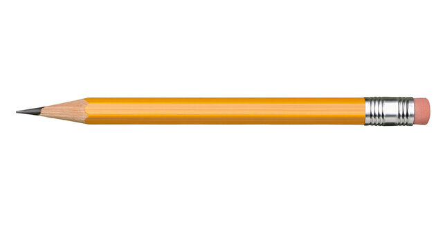 Isolated traditional yellow wooden pencil with pink eraser and shiny metal ferrule, sharp graphite tip