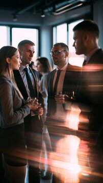 Woman networking with other people at a social party with sunset light