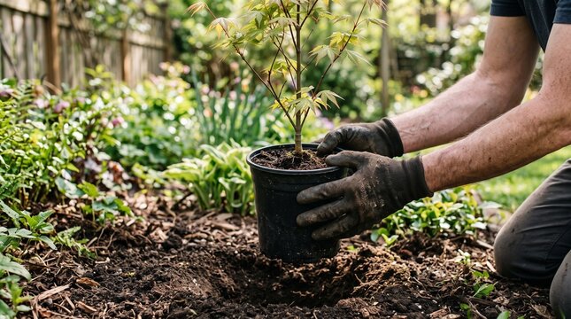 Gardener planting a small tree in a garden bed with mulch and green plants