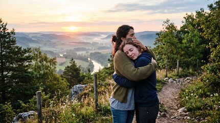 Naklejka premium Two women embracing on a hilltop at sunrise with a scenic valley view