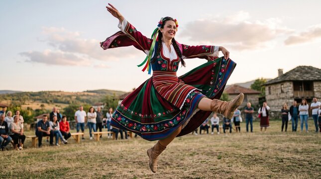 Woman in traditional Bulgarian folk costume dancing outdoors with audience watching