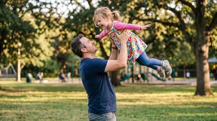 Fototapeta premium Father lifting happy daughter in the air at a park during daytime
