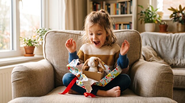 Surprised little girl opening a gift box with a stuffed bunny inside