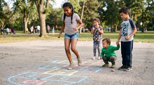 Children playing hopscotch in a park on a sunny day