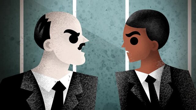 white boss reprimanding black male office employee
