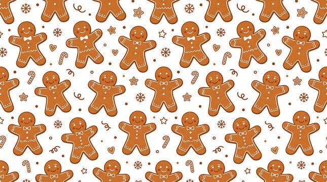 Seamless pattern with cute gingerbread men cookies on a white background for Christmas design.