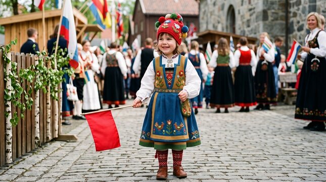 Young girl in traditional Norwegian bunad costume holding a red flag at a festival