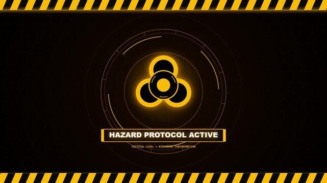 Hazard protocol active screen with glowing industrial warning signs