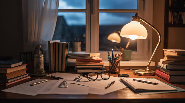 Cozy home office desk at night, warm lamp lighting on books and papers, dark evening study room with window view