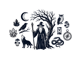 Naklejka premium Mystical wizard surrounded by symbols of nature and magic
