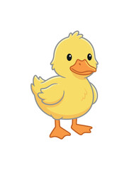 Fototapeta premium Cute cartoon yellow duckling standing on white background, adorable baby bird