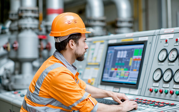 Maintenance engineer looking at monitor control in thermal power plant factory. power plant inside