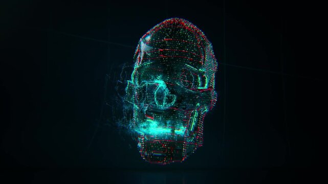 Futuristic Human Skull Anatomy CGI Visualization with Neon Green and Red Glowing Structures, Advanced Medical Technology and Digital Science Concept
