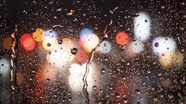 Rain droplets sliding down window glass with blurred city lights in background - 1