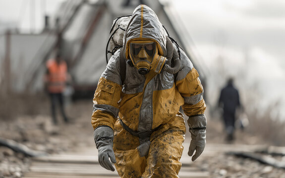 Man in chemical protection suit, carrying out the decontamination area