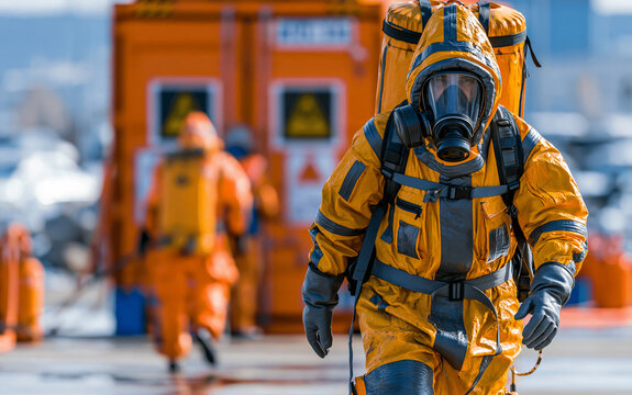 Man in chemical protection suit, carrying out the decontamination area
