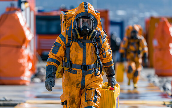Man in chemical protection suit, carrying out the decontamination area