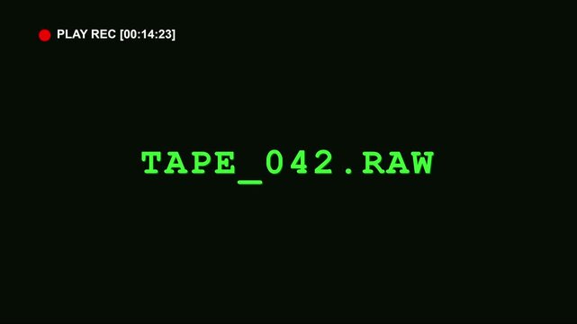 Retro vhs camcorder recording overlay with tape 042 raw text and play rec interface for cinematic glitch and vintage aesthetic animation 4k