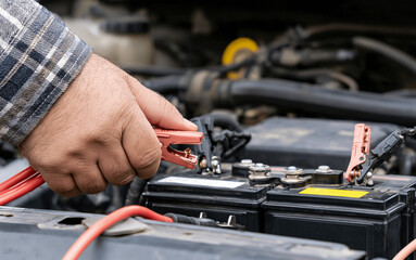 Fototapeta premium The male hand detach the terminals to the car's batteries for charging