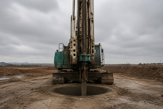 Large industrial drilling rig standing on a barren construction site.