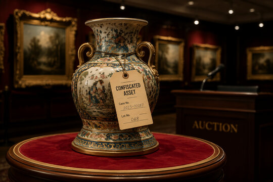 An antique vase on an auction podium with a confiscated asset tag, solemn gallery atmosphere.